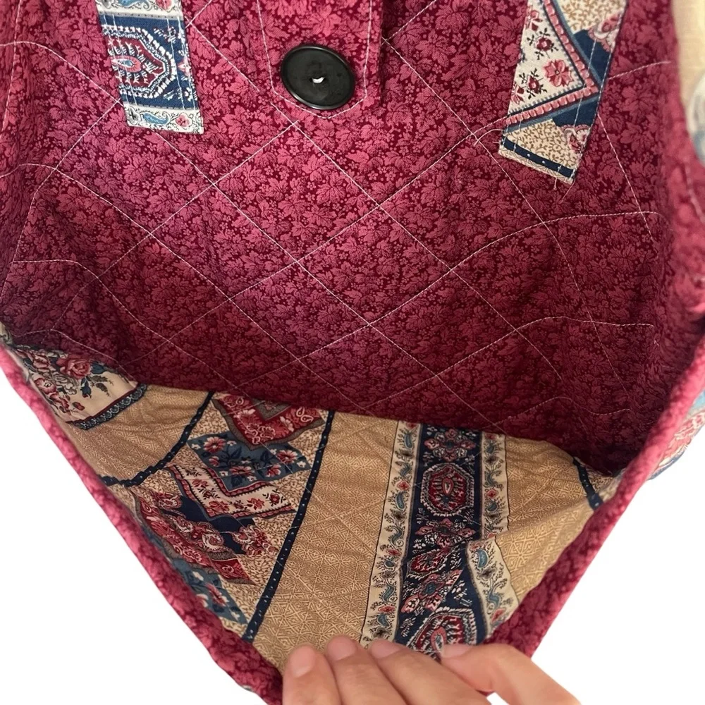 Vintage 90s handmade quilted floral stripe tote bag pink blue cream